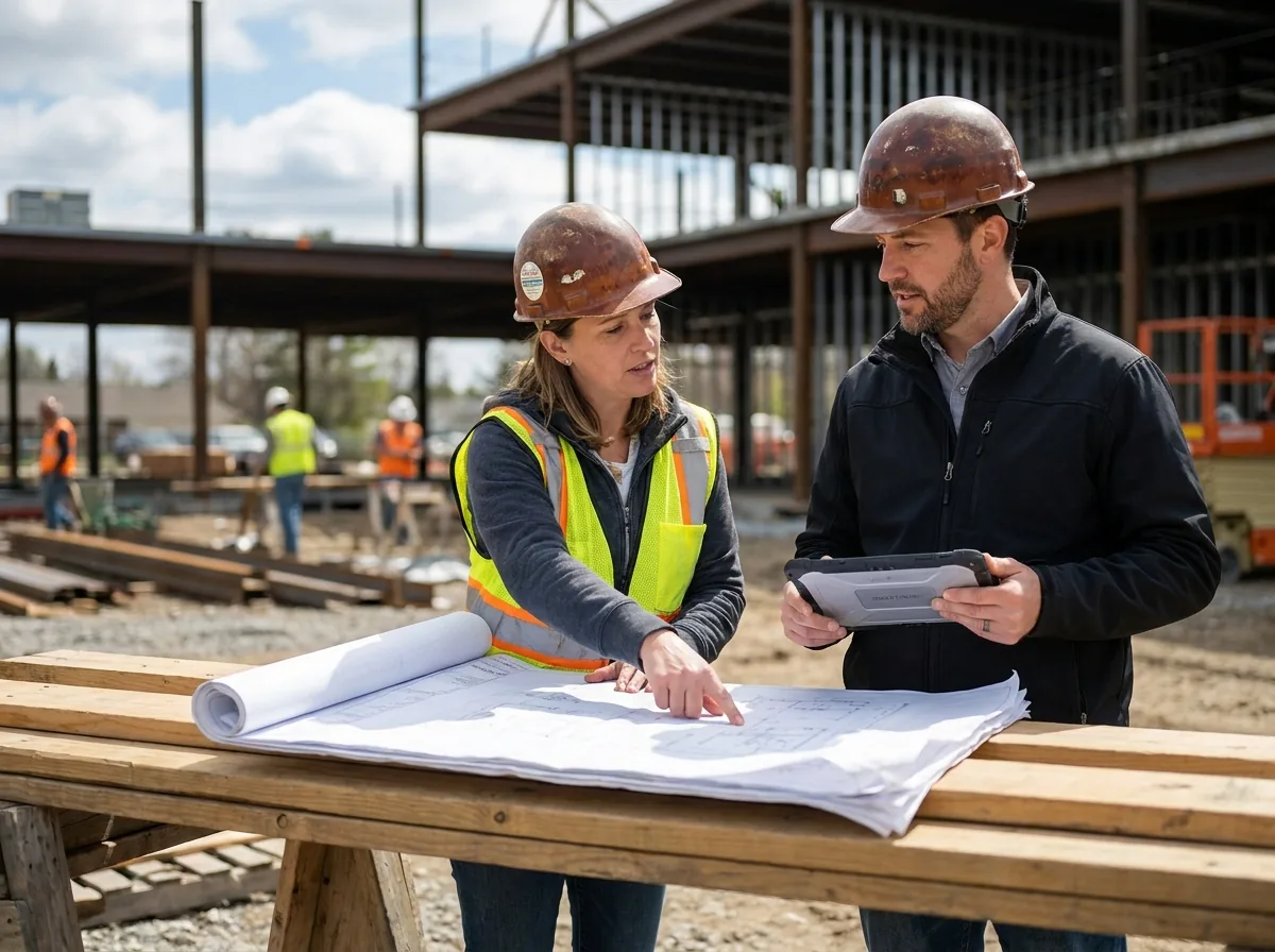 A Ron Cantrell project manager and an architect reviewing blueprints together at a job site