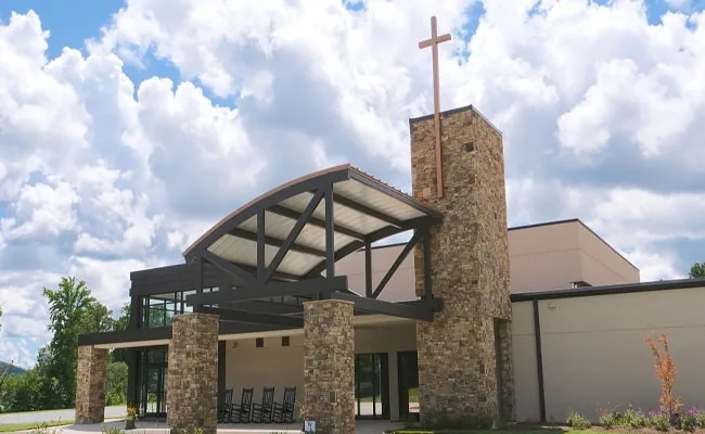 Cleveland Worship Center, a completed stone and timber church